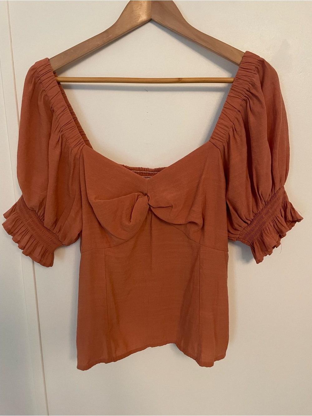 Nine West Terracotta Puff-Sleeve Tie Front Detail Women's Peasant Top SZ: XL